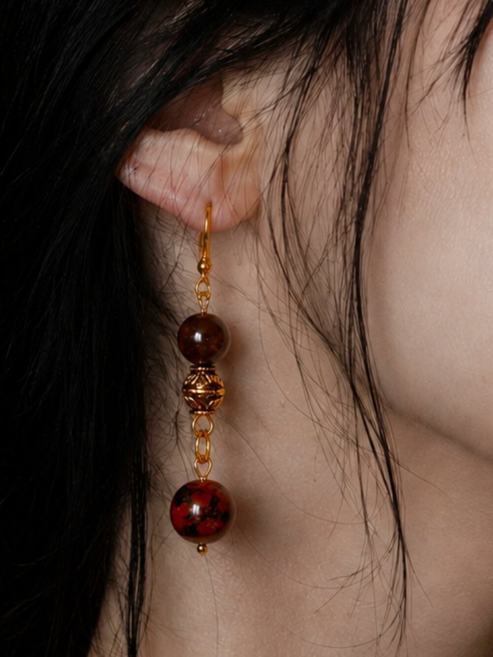 Mahogany Obsidian & Brown Agate Dangle Earrings - 24k Gold Plated Stainless Hook